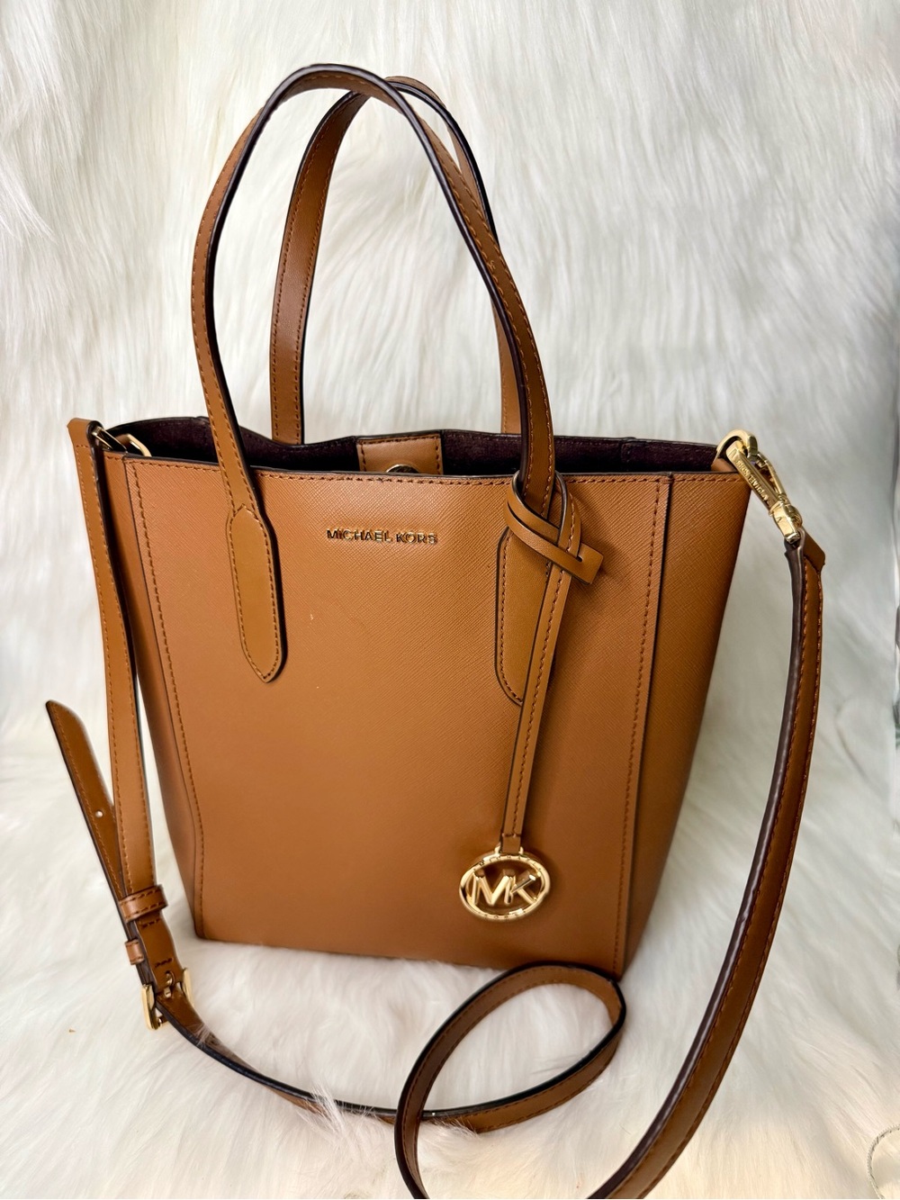 Michael Kors Tan Tote with Gold MK Charm Kaychain